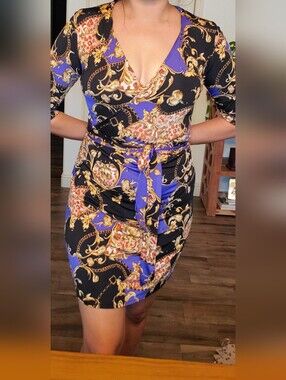 Women's Black & Purple Baroque Print Wrap Dress